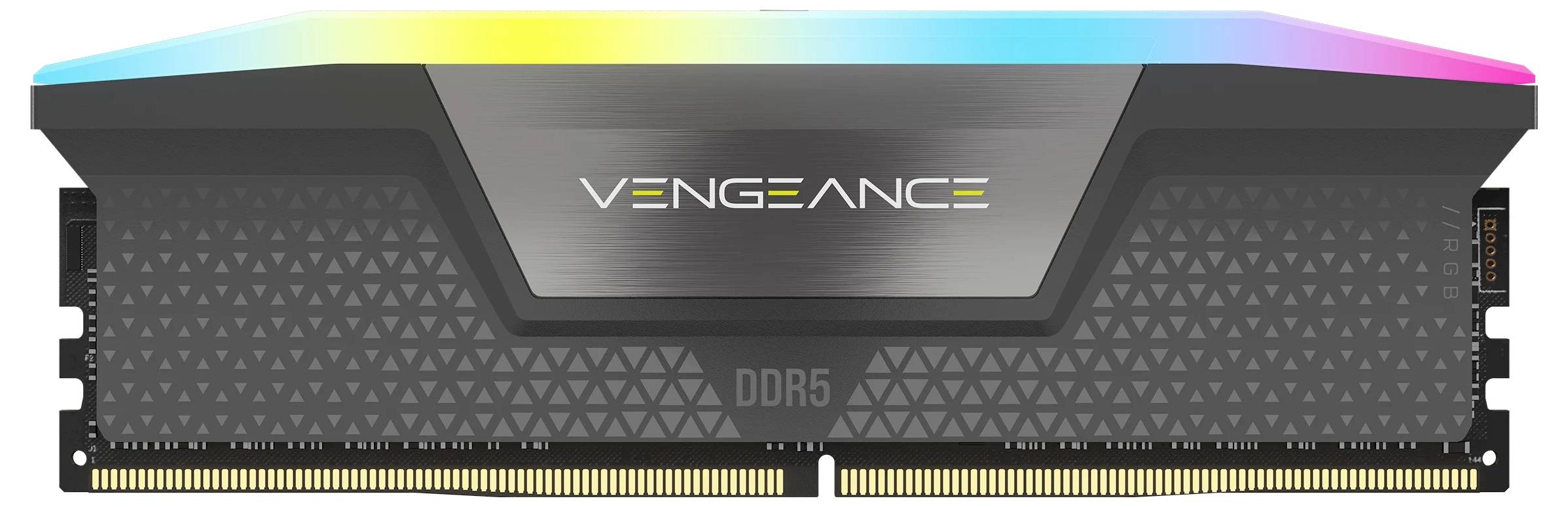 Module de mémoire RAM Vengeance, DDR5, avec boîtier noir et éclairage RGB coloré sur la partie supérieure.