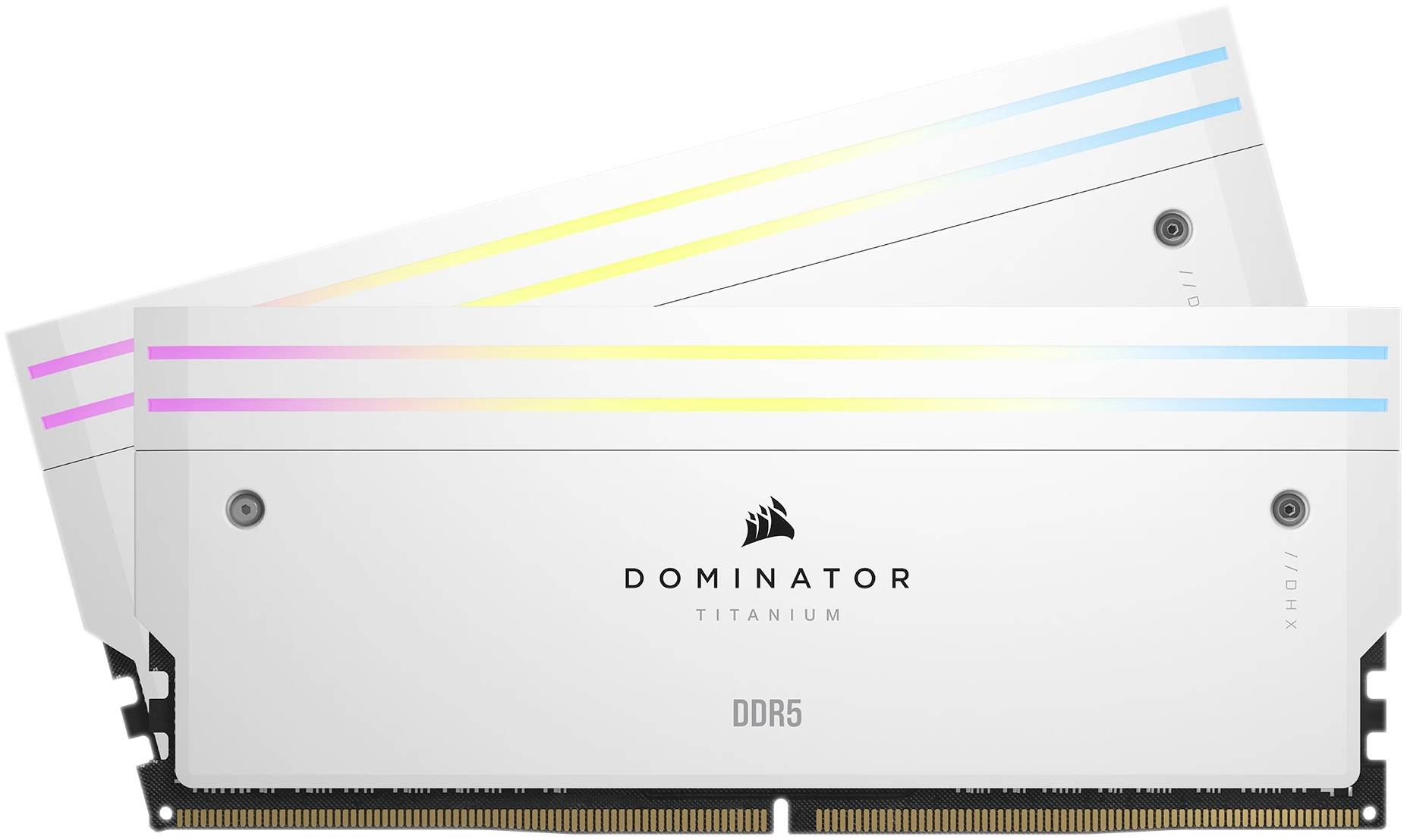 Deux modules de RAM DDR5 Corsair Dominator Titanium avec boîtier blanc et bandes lumineuses RVB.