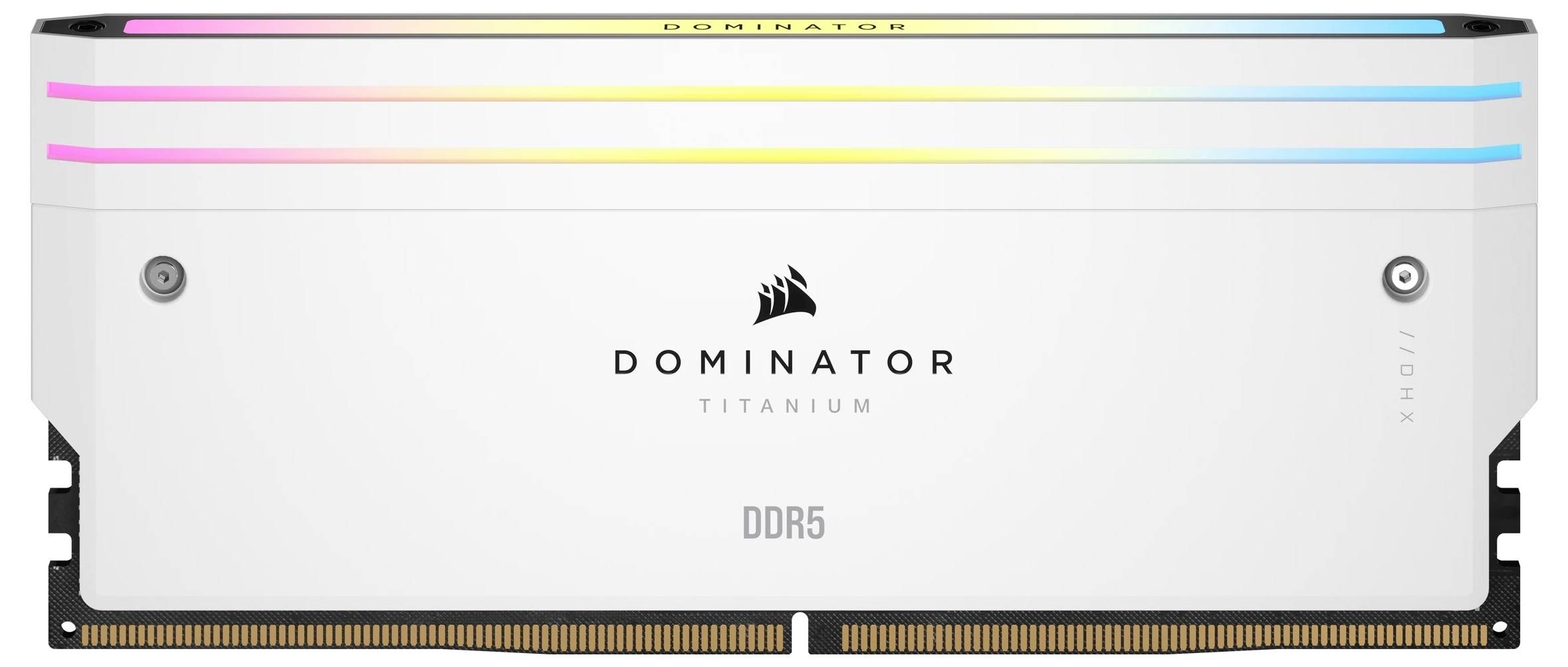 Une carte RAM DDR5 Dominator-Titanium blanche avec des barres LED lumineuses en haut, marquée d'un logo noir de l'entreprise.