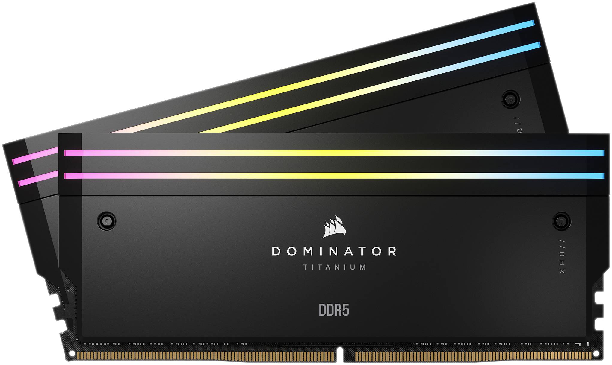 Deux modules de RAM DDR5 noirs avec des bandes LED RVB et l'inscription 'Dominator Titanium'.