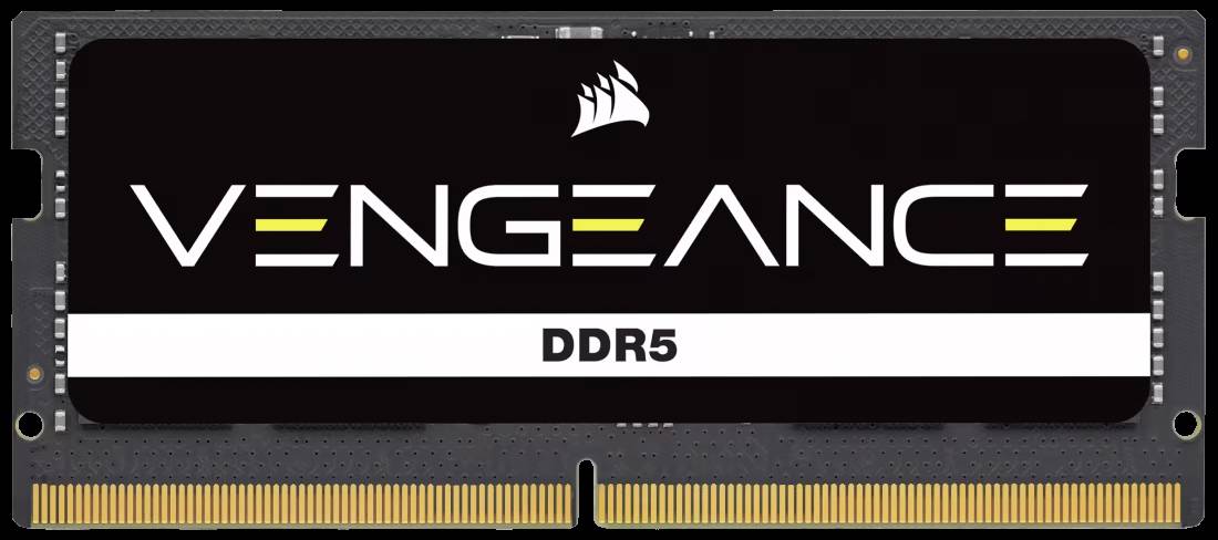 Module de RAM DDR5 noir et jaune portant l'inscription 'Vengeance'. Conçu par Corsair pour l'extension de mémoire des PC.