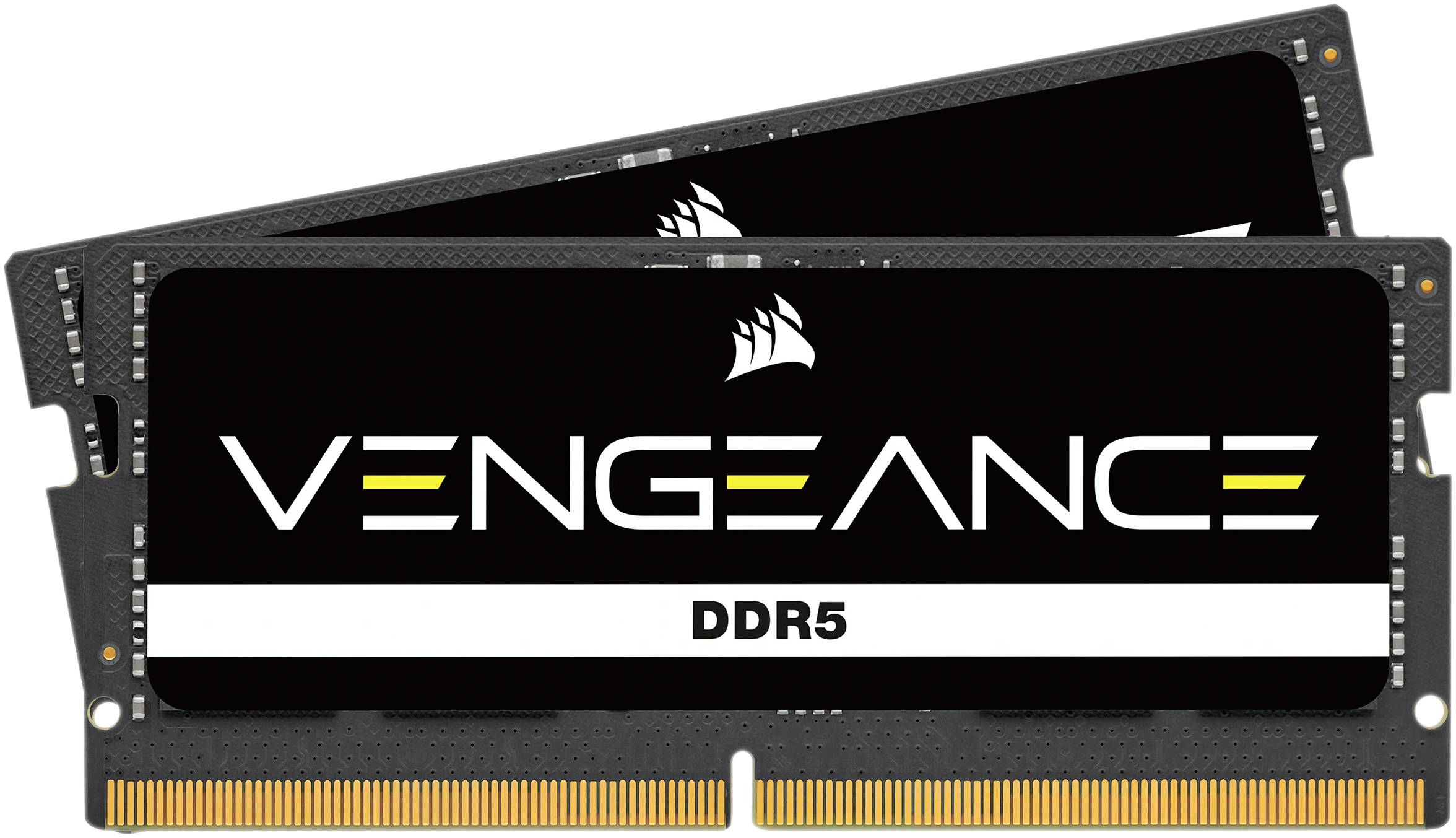 Deux barrettes de RAM DDR5 Corsair Vengeance au design noir et à l'inscription blanche, optimisées pour des performances élevées dans les ordinateurs.
