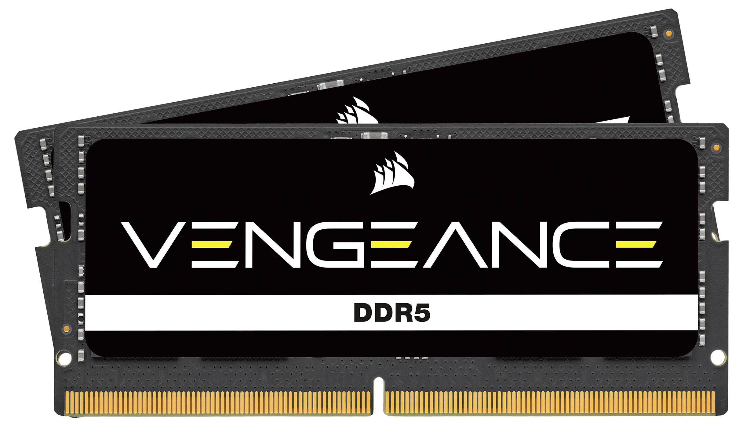 Deux modules RAM portant l'inscription 'VENGEANCE DDR5', design noir avec des touches jaunes et blanches, probablement destinés à des mises à niveau informatiques.
