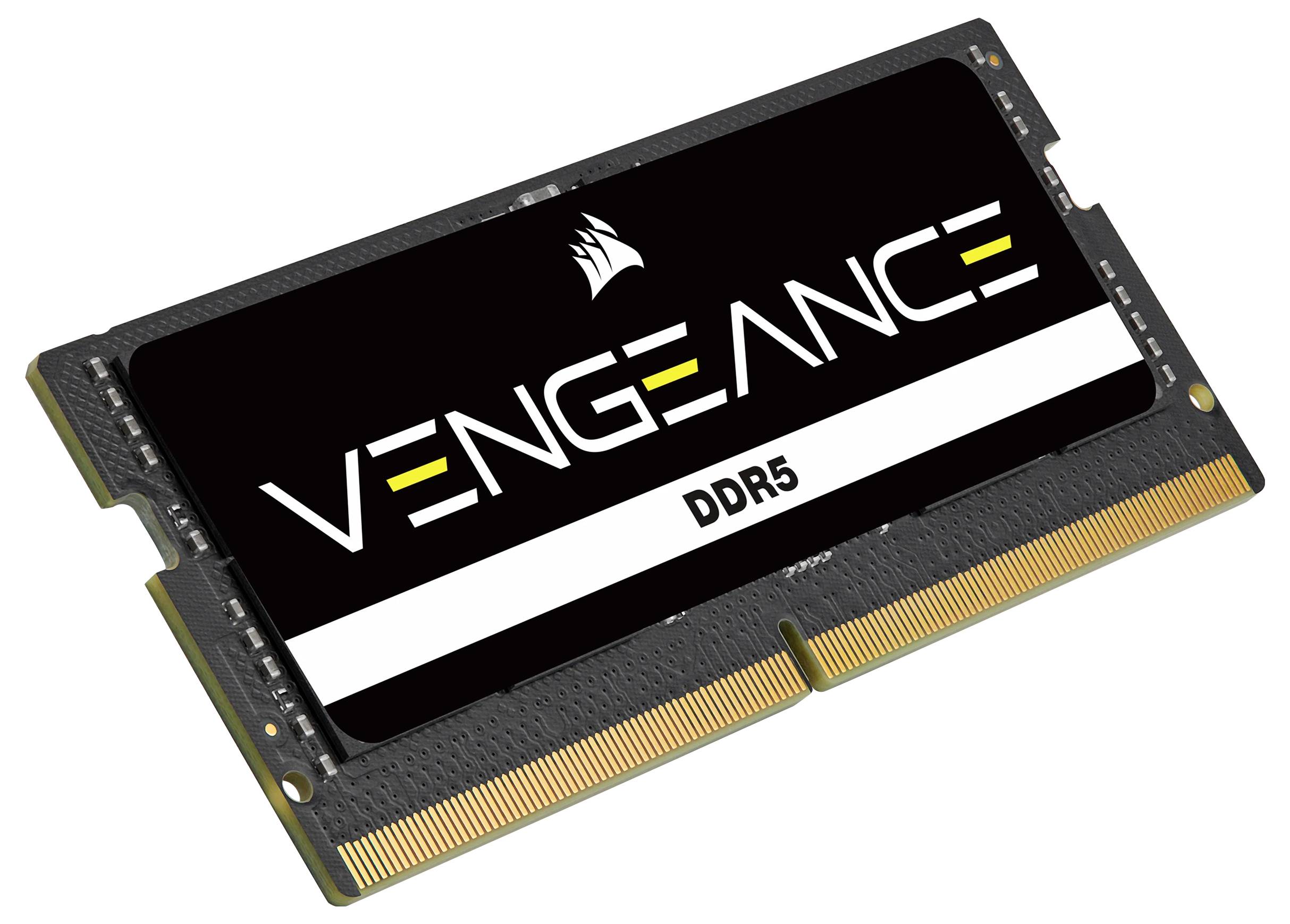 Module RAM DDR5 portant l'inscription 'Vengeance', logo de marque en haut, coloris noir et blanc, broches de contact électriques en bas.