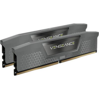 Deux modules de RAM DDR5 gris portant l'inscription 'Vengeance'. Ils conviennent parfaitement aux applications informatiques nécessitant de hautes performances.