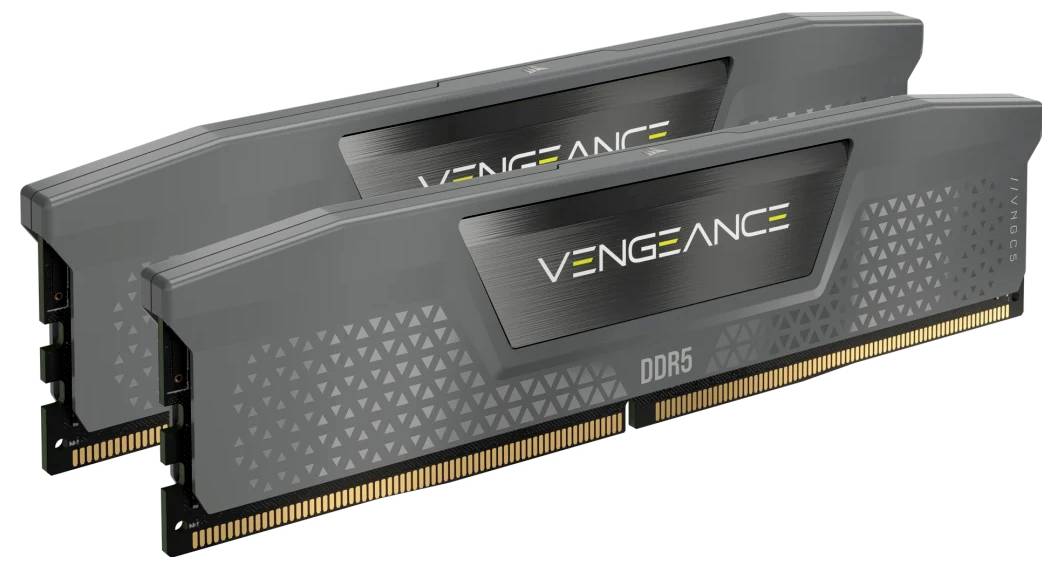 Deux modules de RAM DDR5 gris de la marque 'Vengeance', disposés côte à côte, sur un fond blanc.