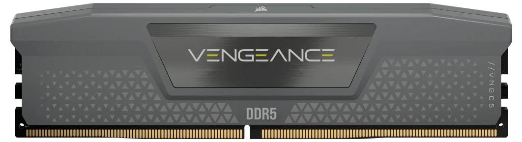 Module de mémoire Corsair Vengeance DDR5, design gris, pour ordinateurs haute performance. Marques 'VENGEANCE' et 'DDR5' visibles.