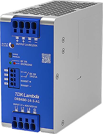 Un dispositif électronique bleu rectangulaire avec plusieurs connexions et une étiquette 'TDK-Lambda DRB480-24-3-A1'. Il affiche les spécifications d'entrée et de sortie.