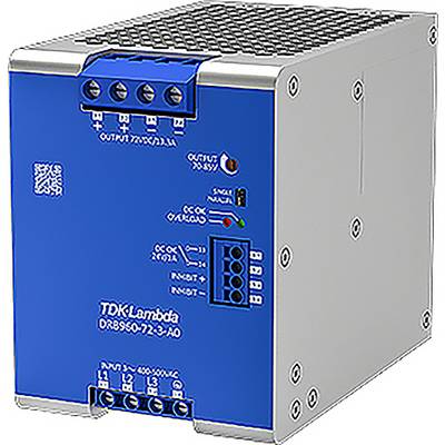 Bloc d'alimentation industriel de TDK-Lambda dans un boîtier bleu, doté de différents connecteurs et circuits, adapté à l'intégration dans des machines.