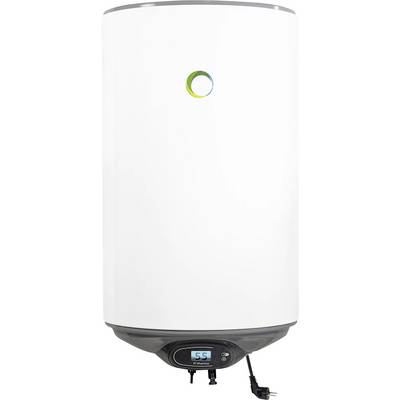 Un chauffe-eau électrique blanc avec un affichage numérique indique 55 degrés Celsius.
