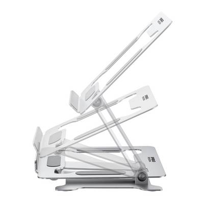 Support de portable réglable en métal, présentant différents angles d'inclinaison, permettant des positions de travail ergonomiques sur un bureau.