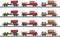 Plusieurs trains-jouets colorés avec des conteneurs, des voitures et des marchandises sont alignés côte à côte sur des rails.