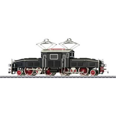 Un modèle d'une locomotive électrique historique au corps noir, avec des roues rouges et deux pantographes argentés sur les rails.