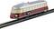 Train miniature coloré au toit arrondi sur des rails, peinture rouge et crème, détails argentés. Jouet pour passionnés de chemins de fer.