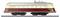 Un train miniature avec un toit crème et un dessous bordeaux est posé sur des rails. Sur le côté, les numéros '2' et '1' sont visibles.
