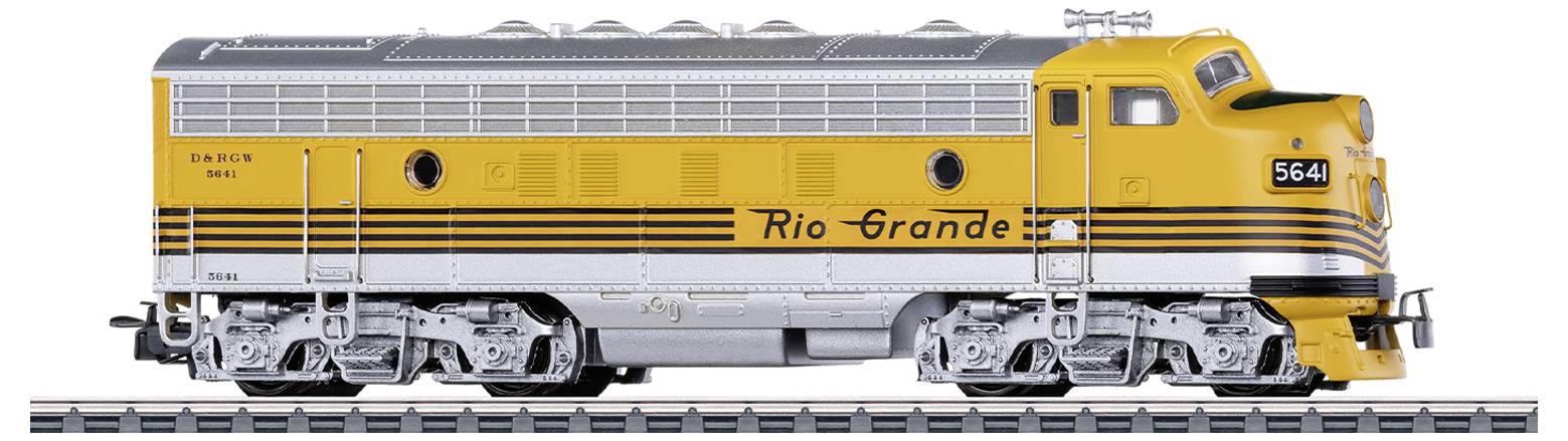 Locomotive jaune portant l'inscription 'Rio Grande' et le numéro 564, stationnée sur des rails de chemin de fer ; représentation détaillée de la vue latérale.
