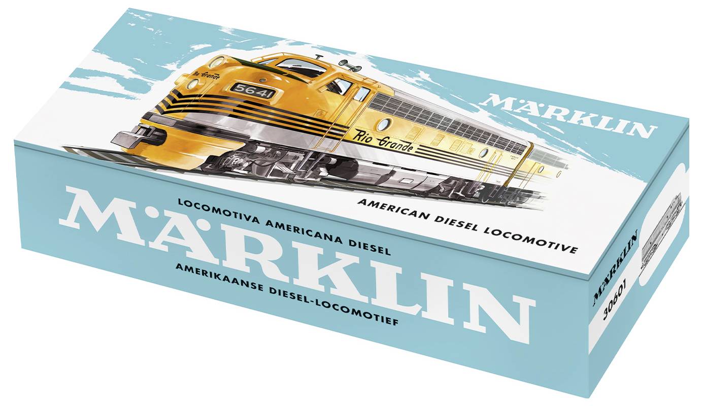 Emballage de jouet représentant une locomotive diesel jaune avec les inscriptions 'Märklin' et 'American Diesel Locomotive'.