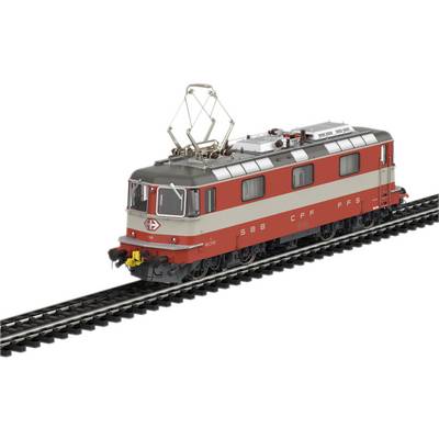 Une locomotive de train miniature rouge sur des rails, avec des détails argentés et noirs. Elle porte l'inscription 'SBB' et possède un pantographe.