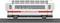 Wagon de train miniature portant l'inscription 'Restaurant de bord'. Blanc avec des bandes rouges, fenêtres transparentes, placé sur des rails.