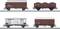 Quatre wagons de marchandises de trains miniatures différents sur des rails, chacun dans des designs et des couleurs distincts, présentant diverses variations.