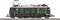 Une locomotive électrique modèle verte est garée sur une voie ferrée. La locomotive possède des pantographes rouges et des composants détaillés.