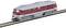 Un train miniature avec un design rouge et gris, roulant sur un rail.