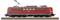 Locomotive électrique rouge sur une voie ferrée, vue de côté. Le numéro de la locomotive et le logo sont visibles. Trajet ferroviaire représenté.