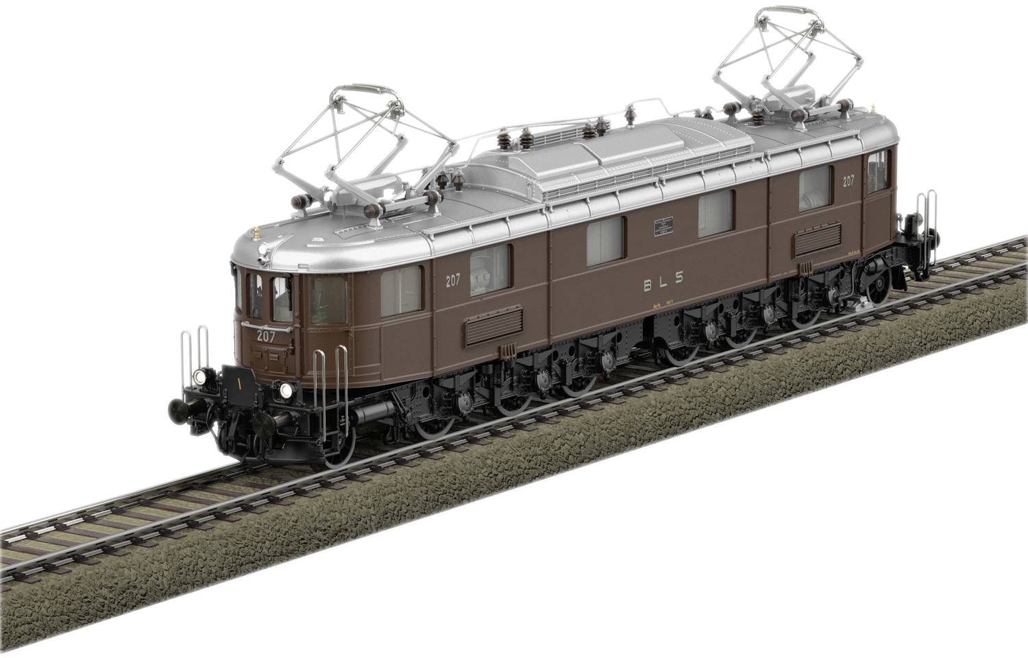 Locomotive électrique modèle marron sur rails avec deux pantographes ; reproduction fidèle pour collection de trains.