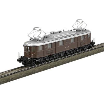 Locomotive électrique modèle marron sur rails avec deux pantographes ; reproduction fidèle pour collection de trains.