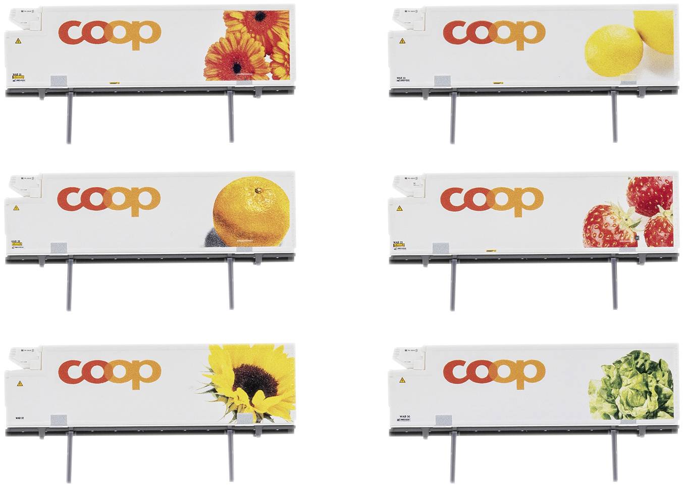 Six affiches présentant le logo de 'coop', montrant respectivement une fleur, un citron, une orange, une fraise, un tournesol et une salade, sur un fond blanc.