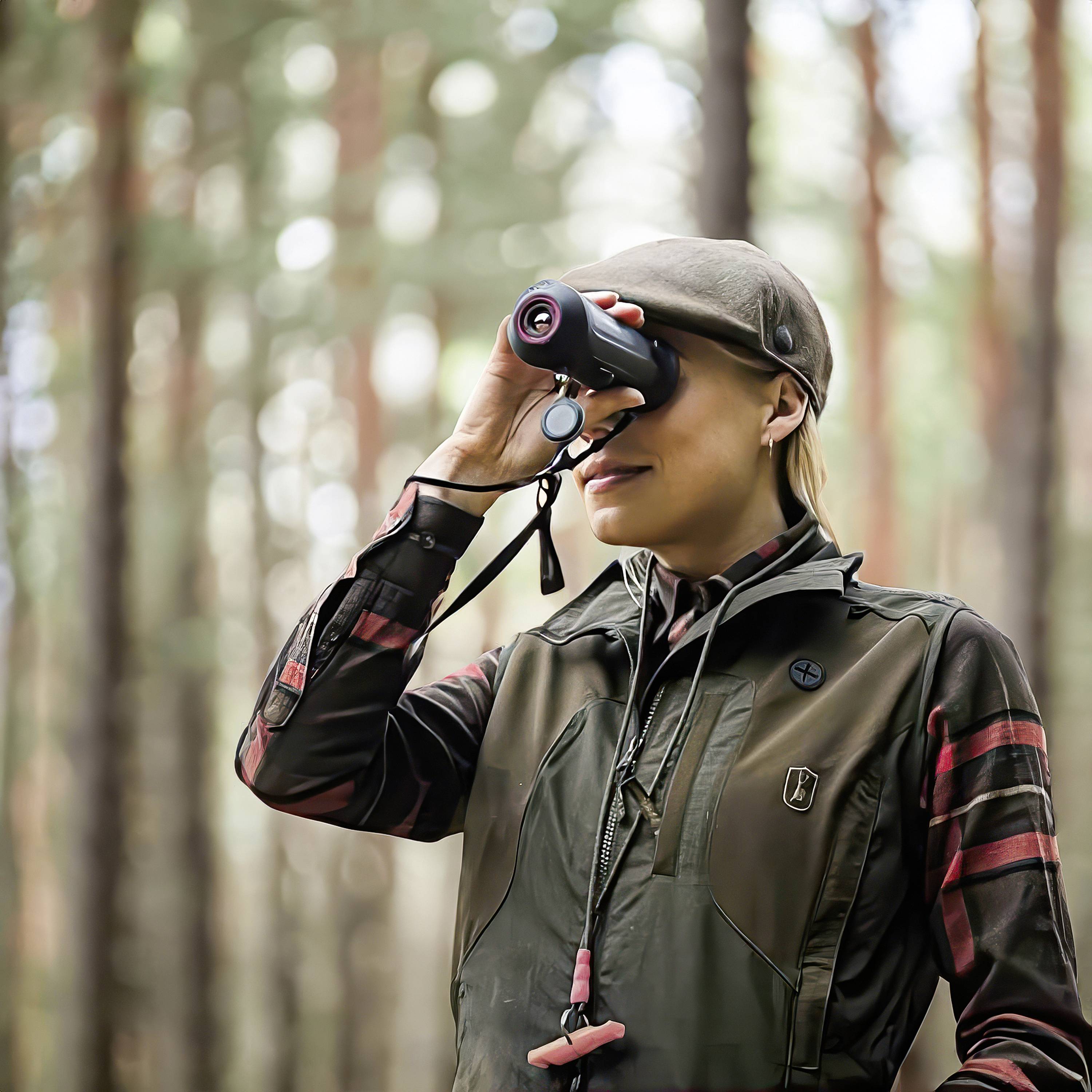 Une personne dans la forêt tient des jumelles, semblant observer attentivement. Elle porte une casquette et des vêtements de chasse. L'environnement montre des arbres flous.
