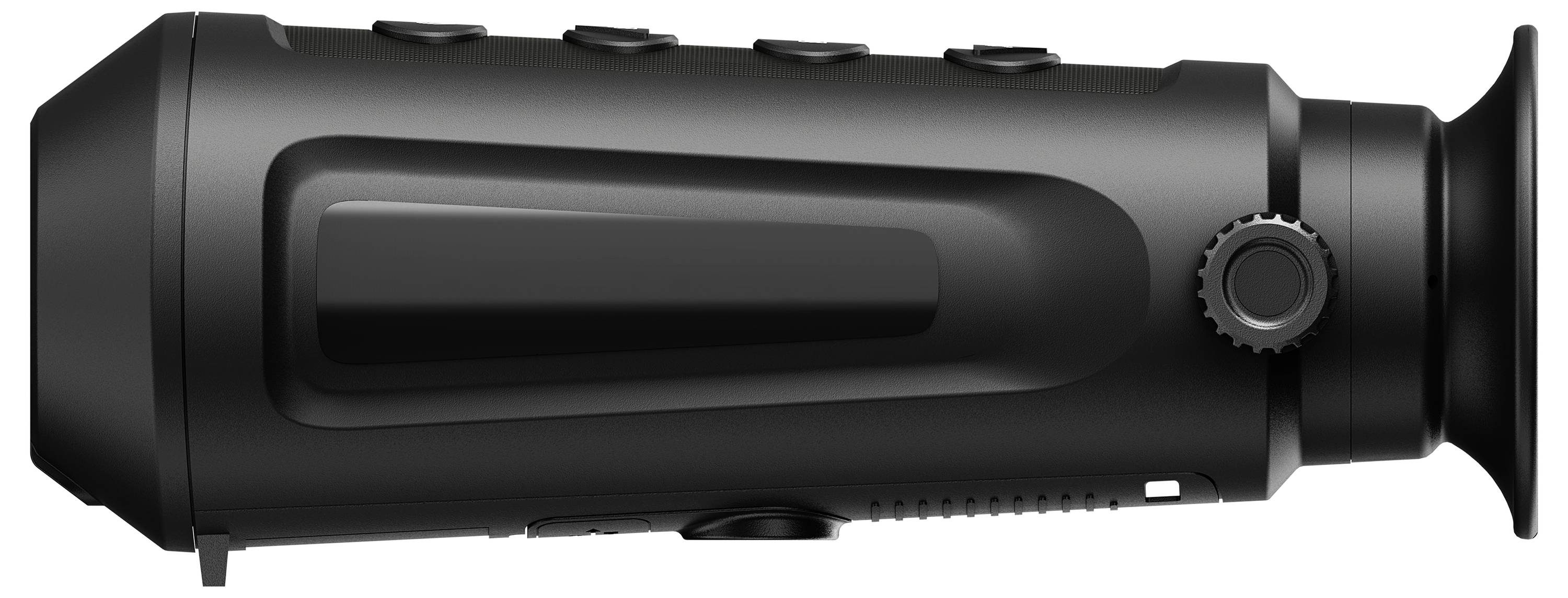 Dispositif de vision thermique noir, de la taille d'une main, doté de touches sur le dessus et d'un grand objectif sur la gauche. Principalement utilisé pour l'observation nocturne.