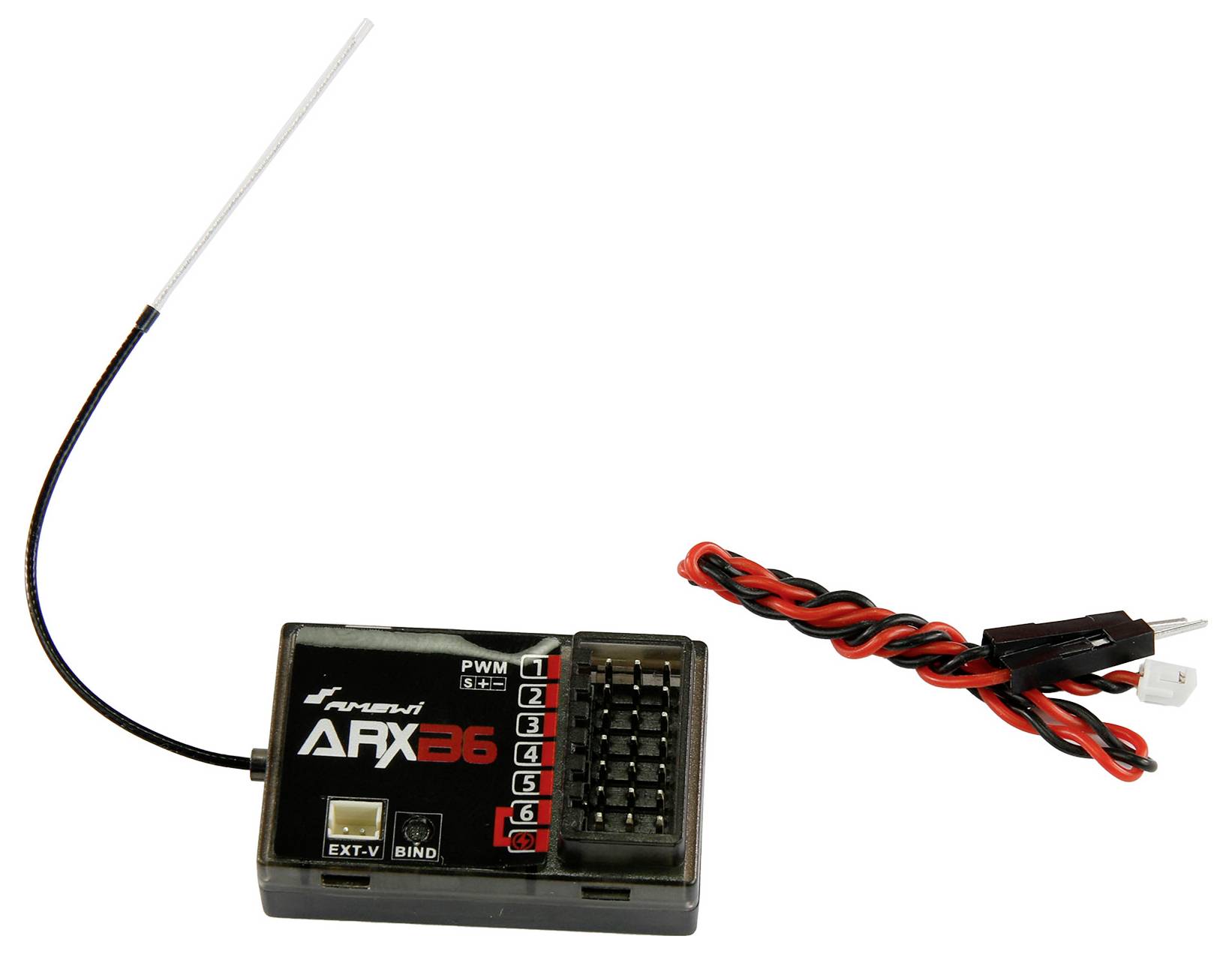 Un récepteur pour un modèle télécommandé avec une longue antenne et un câble relie les entrées et les sorties des commandes de contrôle.