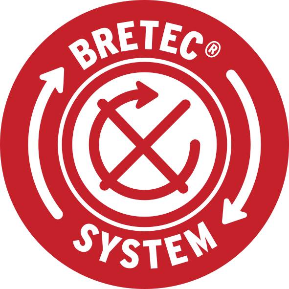 Un logo rouge portant l'inscription 'BRETEC SYSTEM', avec un symbole de flèche et un X encerclé au centre.