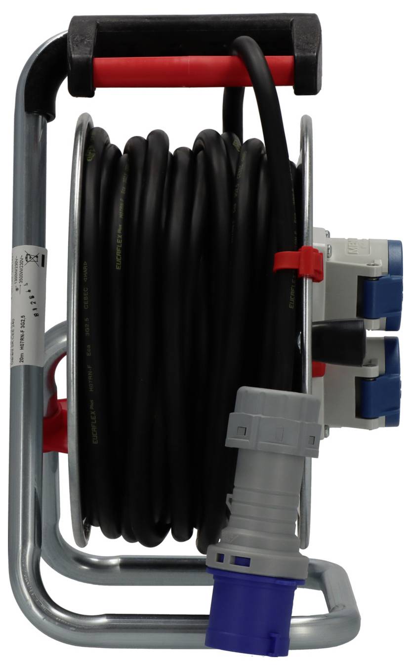 Un enrouleur de câble avec un câble noir et un connecteur bleu, placé sur un support argenté.