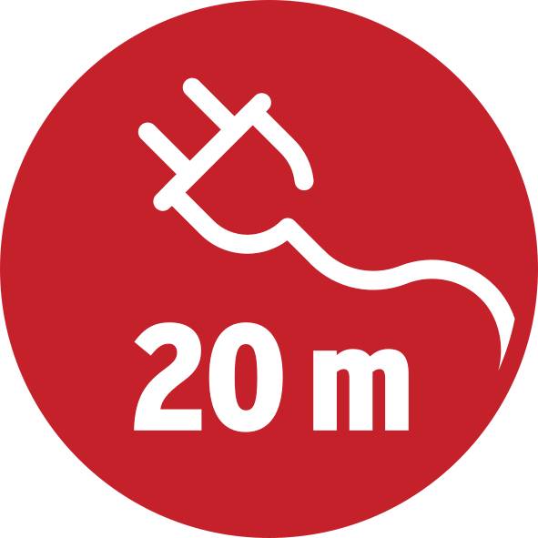 'Un symbole rouge montre un câble électrique blanc avec une fiche et l'indication "20 m".'