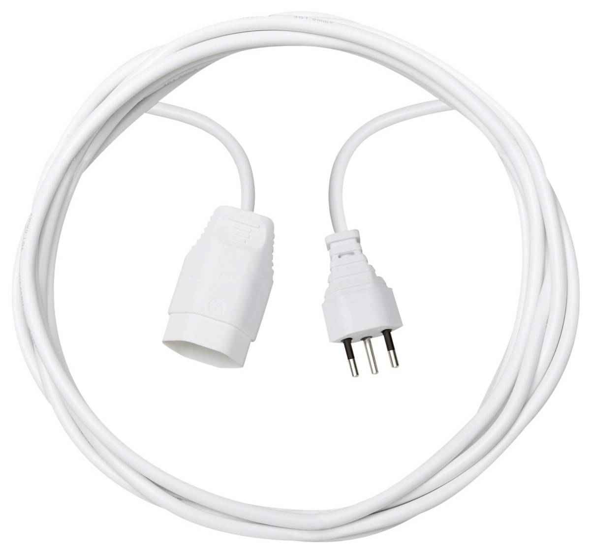 Rallonge électrique blanche avec une fiche et une prise disposées en cercle. Adaptée pour un usage domestique.