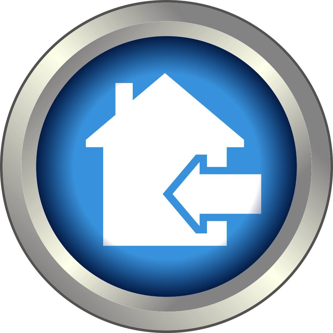Symbole de maison sur un fond bleu, entouré d'un anneau gris. Une flèche pointe vers la gauche, entrant dans la maison.
