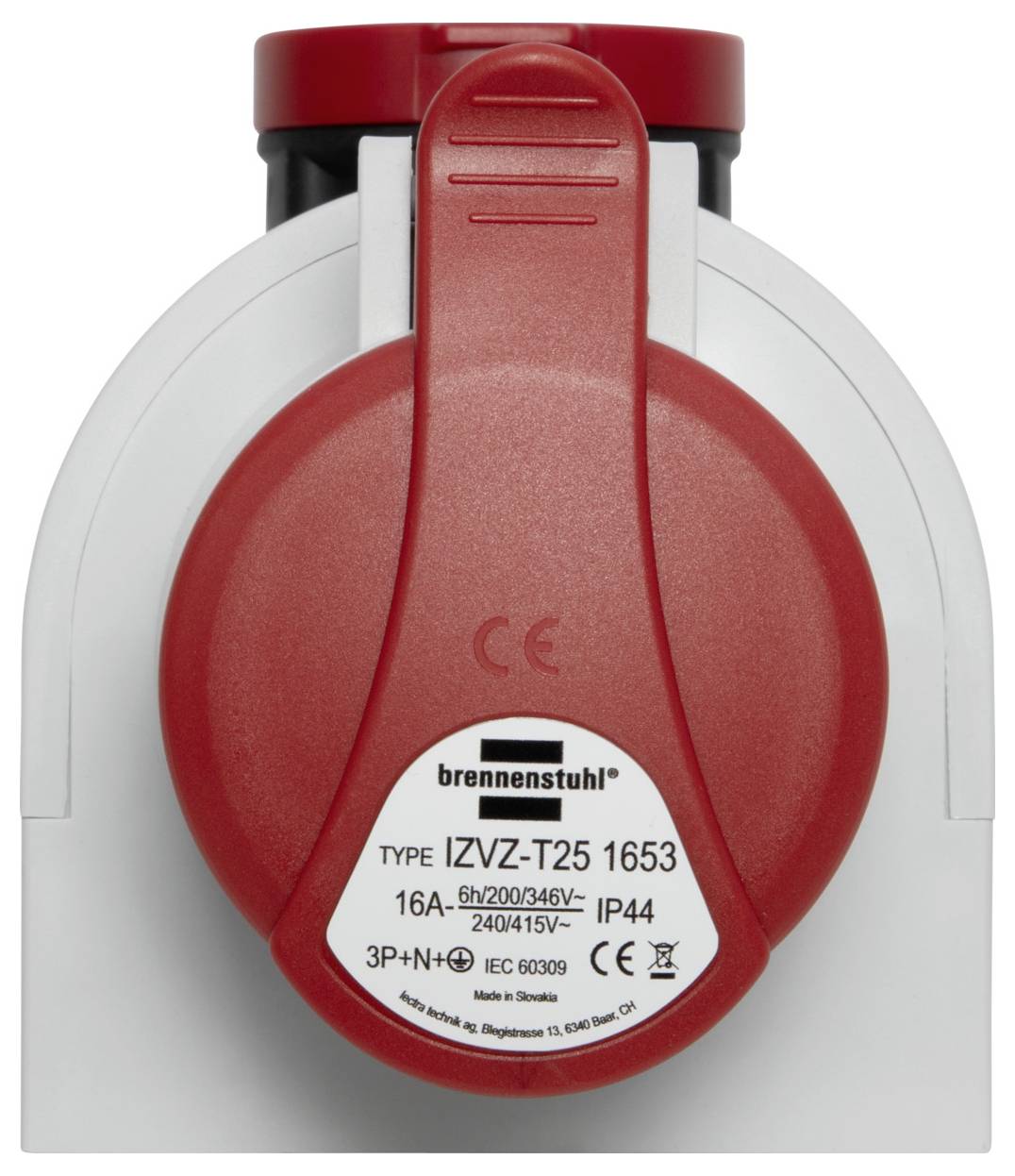 Prise industrielle de la marque Brennenstuhl, type IZVZ-T25 1653, 16A, IP44, adaptée pour 6h/200-346V~ et 240/415V~.
