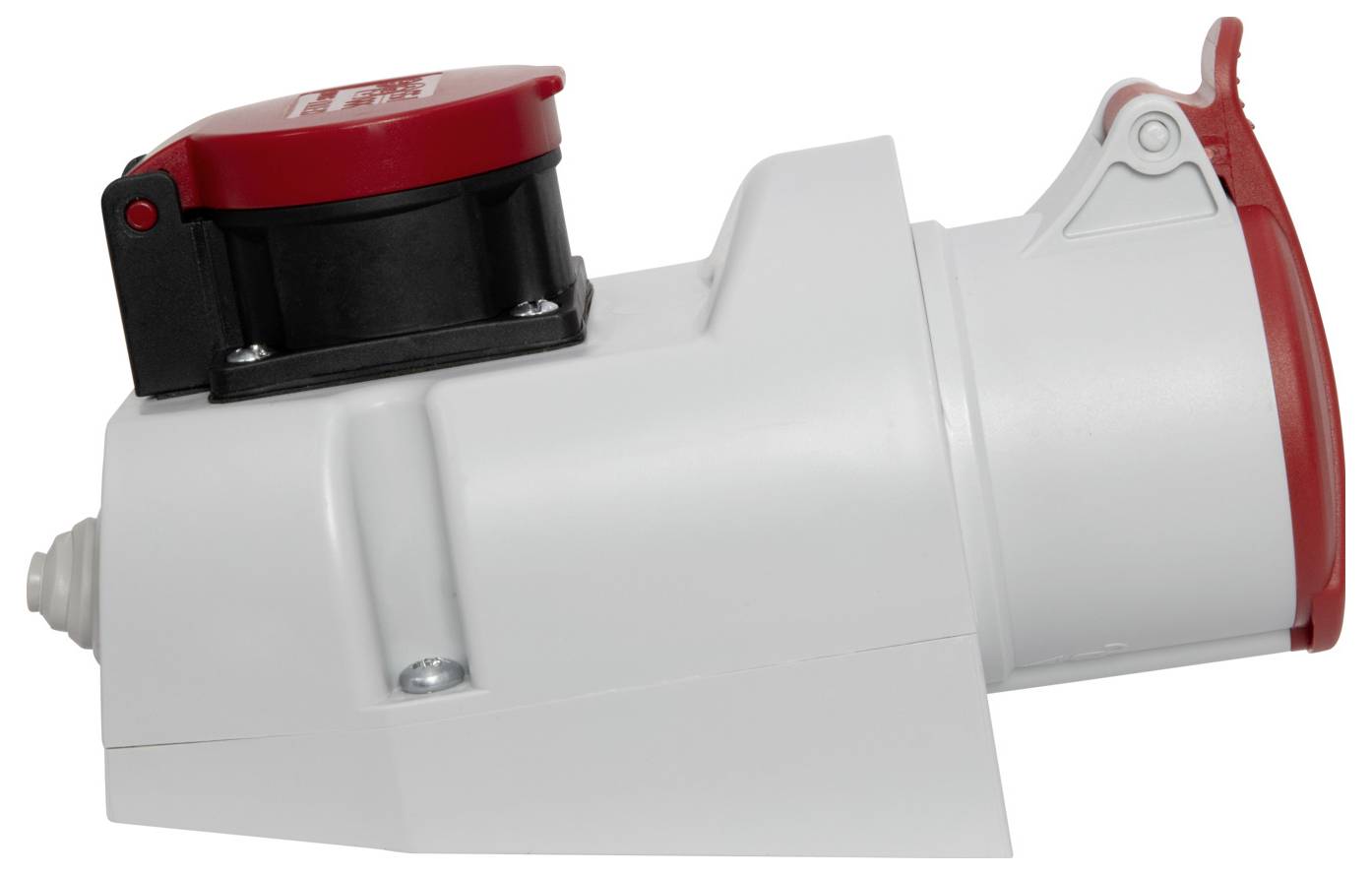 Adaptateur électrique blanc, coudé, avec un couvercle rouge fermé en haut et des vis de fixation sur le côté.