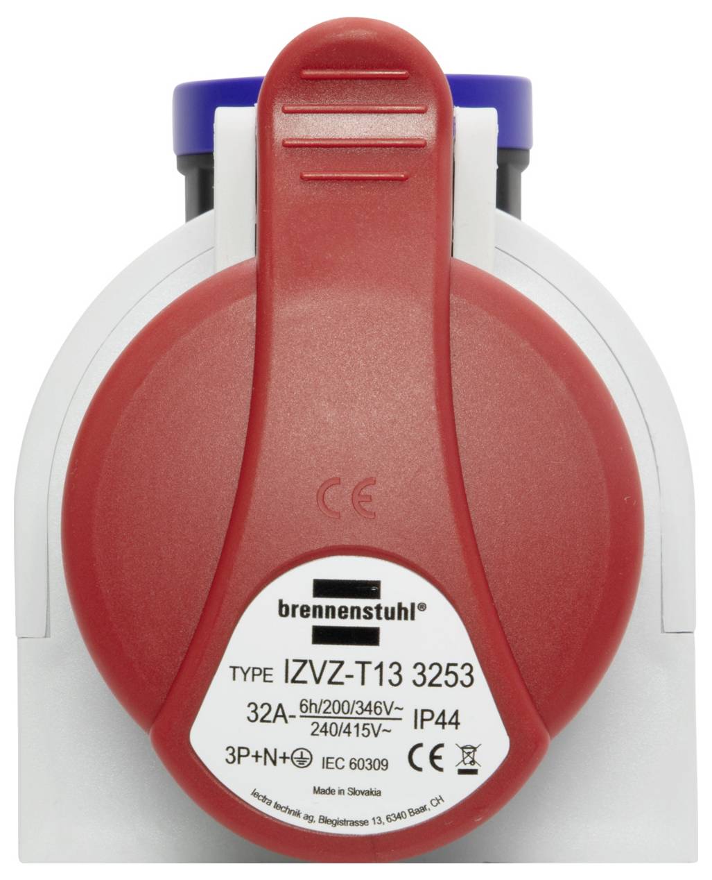 Prise industrielle avec couvercle rouge, type IZVZ-T13 3253. Adaptée pour 32A, 6h/200-346V~, 240/415V~, avec degré de protection IP44.