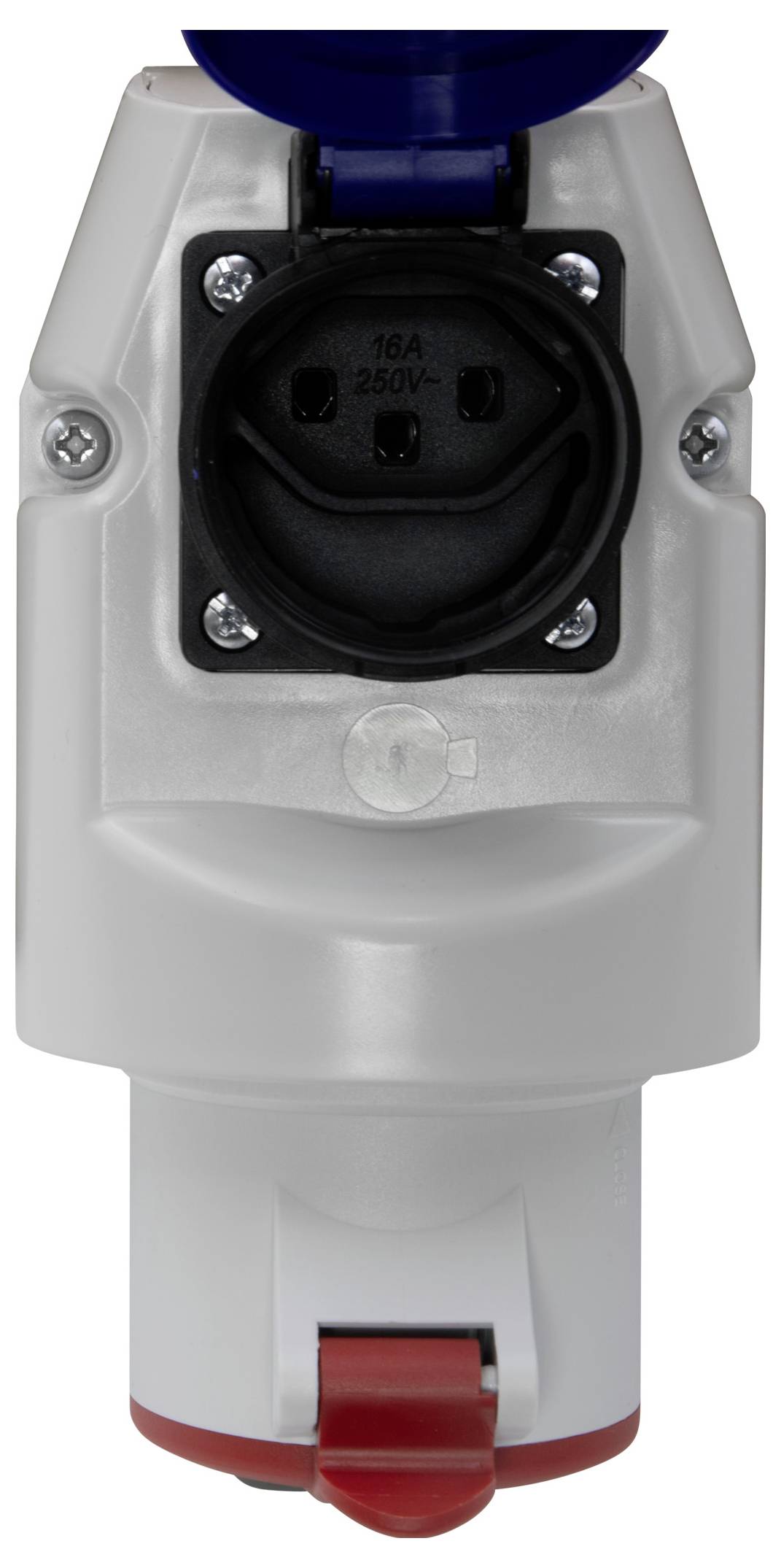 Prise industrielle, blanche, 16A, 250V, avec obturateur bleu et rouge. Principalement destinée aux applications électriques professionnelles.