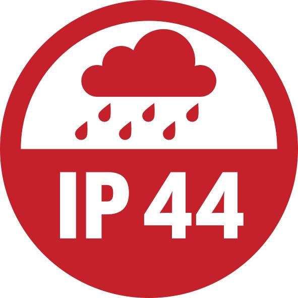 Symbole rond rouge avec un nuage et des gouttes de pluie, portant la mention 'IP44' en dessous, indiquant une protection contre les projections d'eau et l'intrusion d'objets de plus de 1 mm.