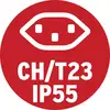 Symbole circulaire rouge avec un design d'embfiche blanc. Texte : 'CH/T23 IP55', indiquant une norme suisse de connecteur.