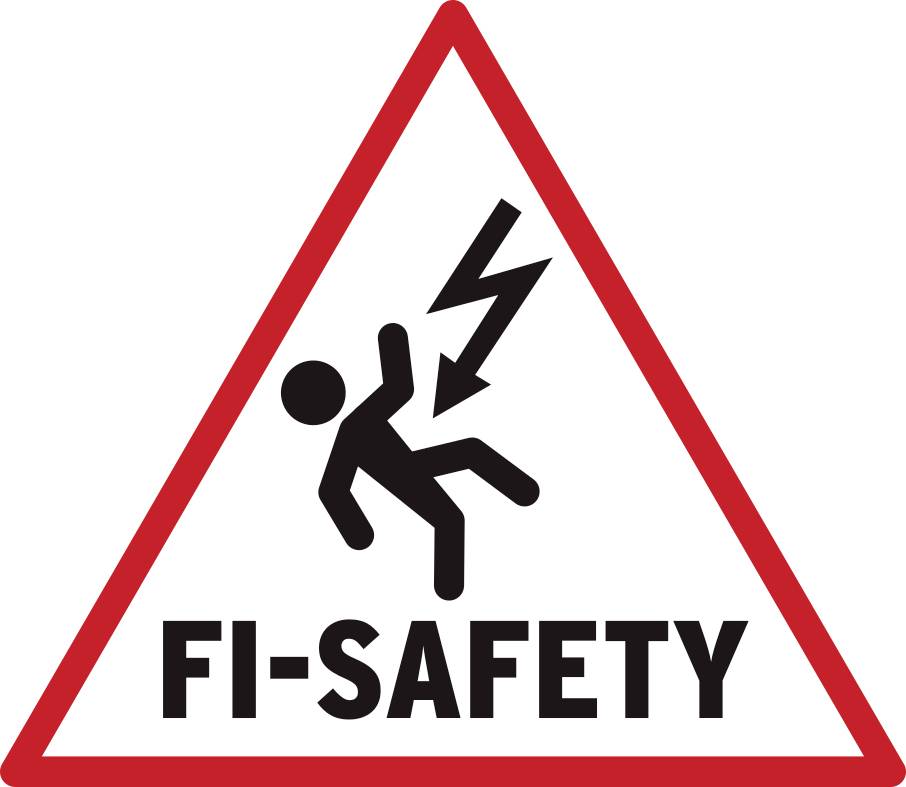 Symbole d'avertissement d'une personne frappée par la foudre. Texte : 'FI-Safety'. Avertissement de danger électrique.