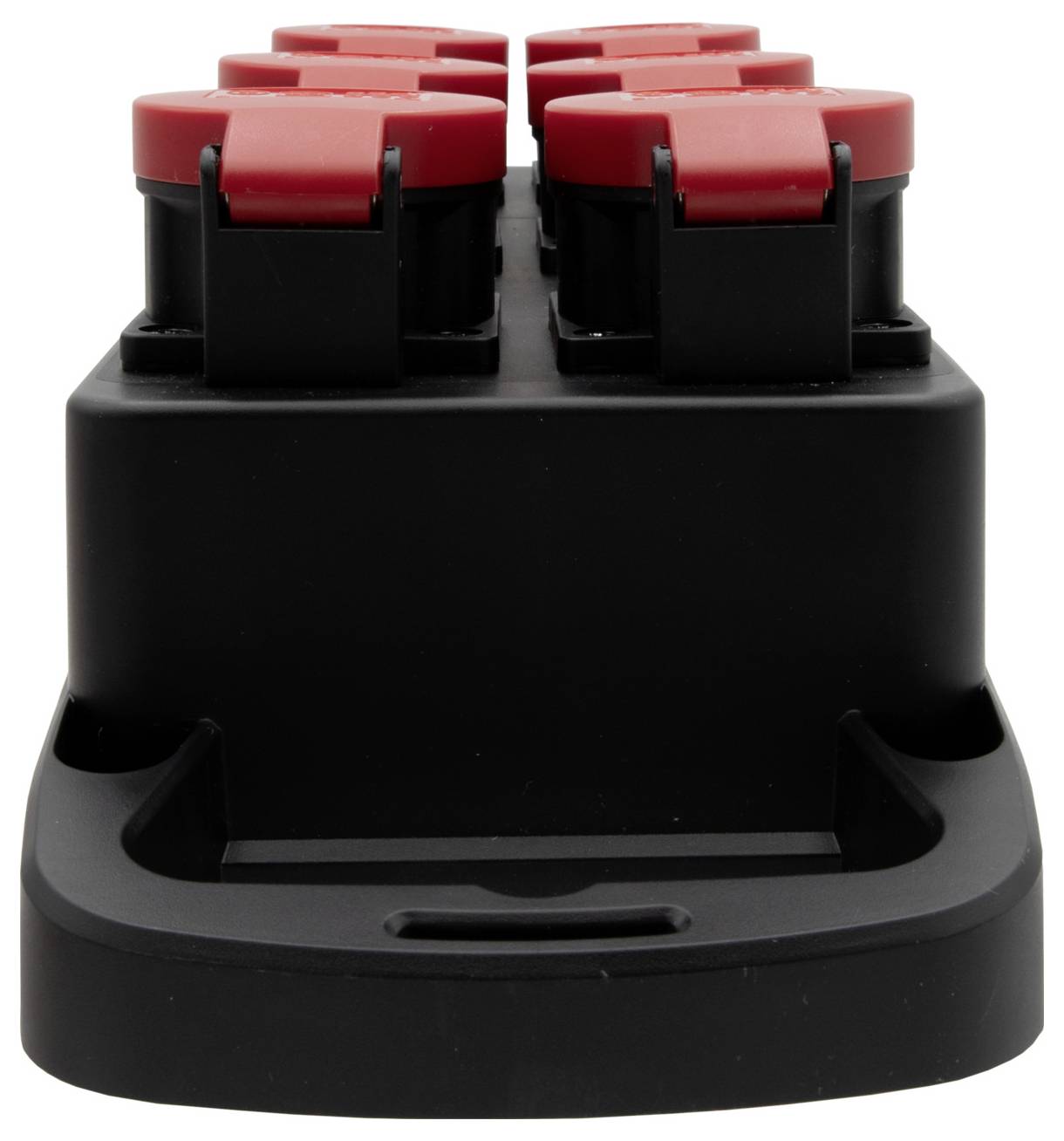 Un support de batterie noir avec des fermetures de compartiment à batterie rouges, adapté pour six batteries.