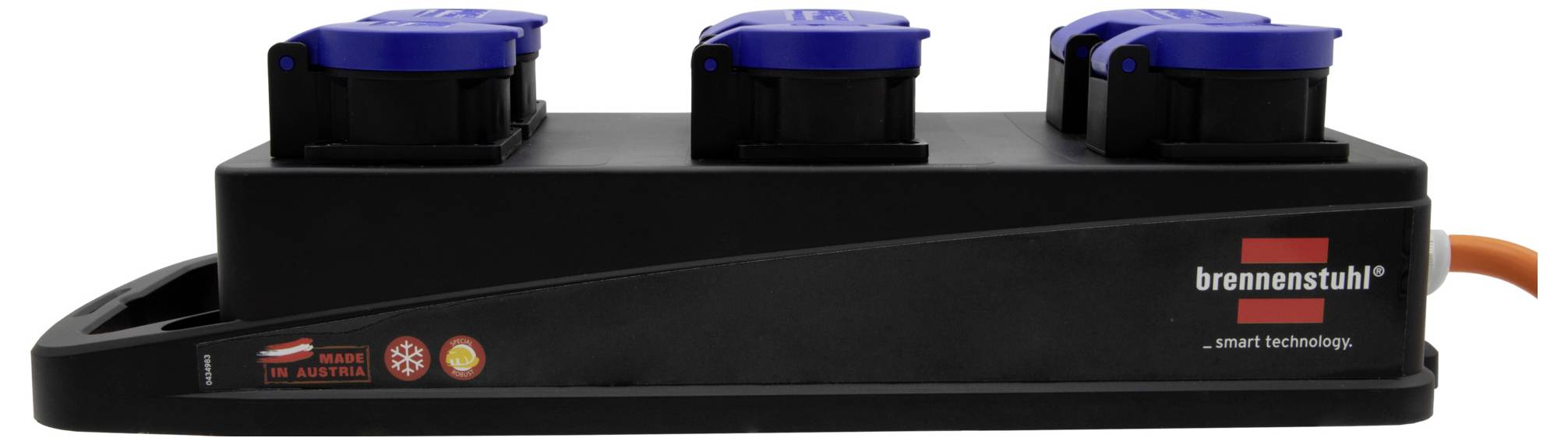 Multiprise noire avec trois prises de terre bleues, marquage latéral de la marque 'brennenstuhl', câble orange.