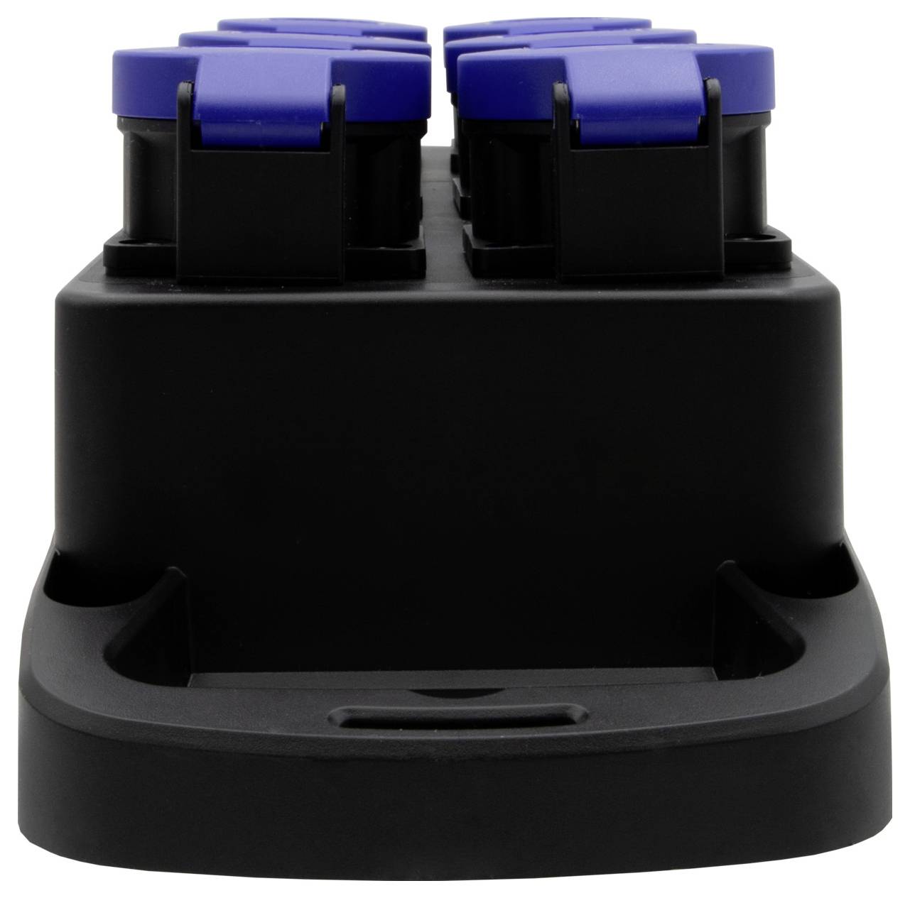 Un chargeur noir à plusieurs emplacements, sur lequel reposent des couvercles bleus. Il sert à charger simultanément plusieurs appareils.