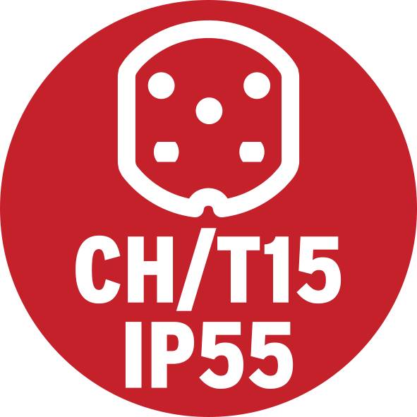« Cercle rouge avec symbole pour prise CH/T15 en haut. En dessous, l'inscription : CH/T15 IP55. »