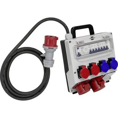 Boîte de distribution électrique avec plusieurs prises rouge et bleue et un câble épais. Adapté pour des applications industrielles ou de chantier.
